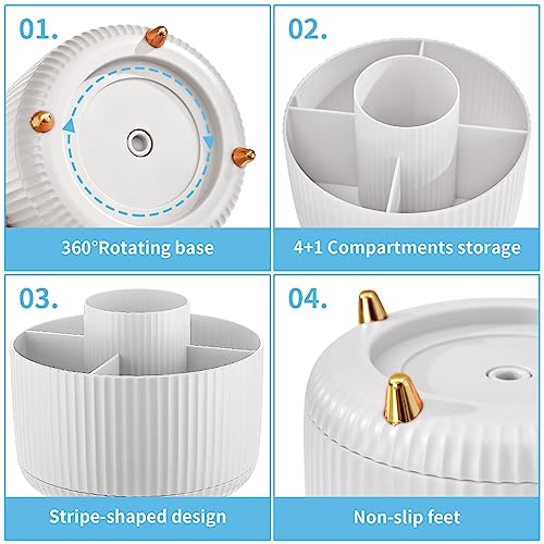 Marbrasse Desk Organizer, 360-Degree Rotating Pen Holder, Desk Organizers and Accessories with 5 Compartments Pencil Holder, Art Supply Storage Box Caddy for Office, Home（White） - color: White