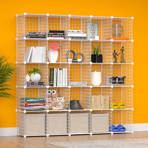 TUMUCUTE Cube Storage Organizer, Metal 25-Cube Shelves Bookshelf, Portable Closet Clothes Organizer for Bedroom, Home, Office, White - color: White Plus Iron, size: 25 Cubes