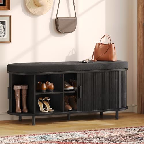 Oval Shoe Storage Bench with Padded Seat Cushion, 2-Tier Fluted Shoe Cabinet with Adjustable Shelves, Mid-Century Bench Compact for Entryway, Hallway, Closet, Front Accent, Foyer, Bedroom, Black