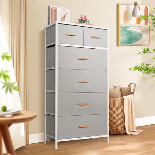 Mifuro Tall Dresser for Bedroom, Vertical Storage Organizer Tower with 6 Drawers, Chest of Drawers with Fabric Bins, Steel Frame, Wood Top for Bedroom, Closet, Entryway- Light Grey - color: Light Grey, size: 6 Drawers