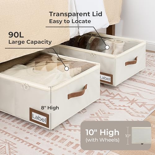 StorageWorks Under Bed Storage with Wheels, 10" Underbed Storage Containers with Lid, 90L Clothes Organizer for Blankets, Sweaters, Bedding, 2-Pack, Beige - color: Beige, size: Extra Large-with Wheels