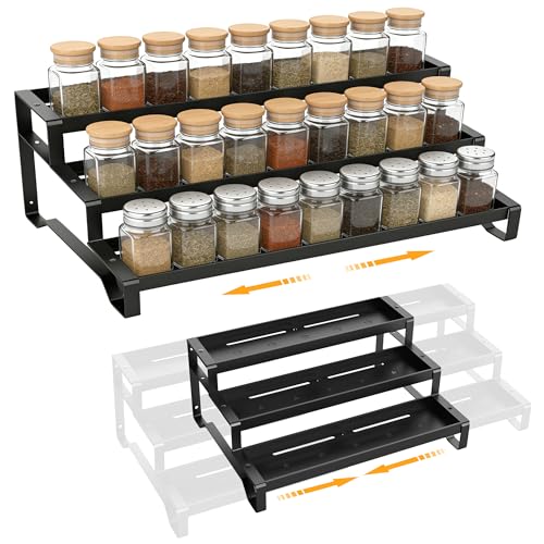 3-Tier Spice Rack Organizer, 13"-21.5" Expandable Spice Organization Shelf, Metal Seasoning Organizer for Kitchen Countertop or Pantry, Slip-Resistant Design for Jars and Bottles, Black - color: Black