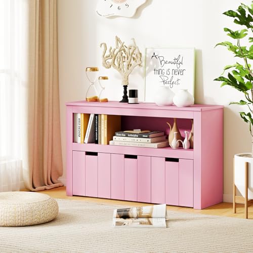 GLACER Toy Storage Organizer, Wooden Montessori Shelf with 3 Movable Drawers, Hidden Wheels, Toy Box for Boys and Girls, Kids Storage Organizer for Playroom, Nursery, Kindergarten, Living Room (Pink) - color: Pink