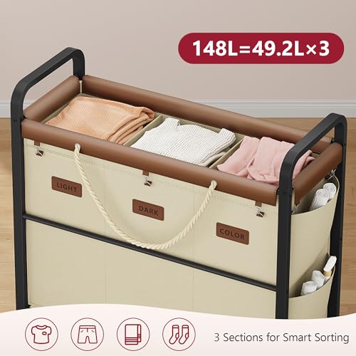 Tajsoon 148L Large Laundry Sorter 3 Section, Laundry Hamper with Heavy Duty Lockable Wheels, Rolling Laundry Cart with Sturdy Metal Frame, Leather Patchwork Laundry Basket with Removable Bag, Beige - color: Beige, size: 3 Bag 148L