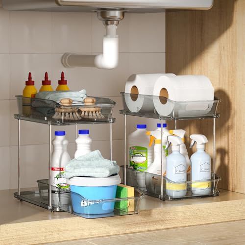 Delamu 2-Tier Under Sink Organizers and Storage, Multi-Purpose Stackable Bathroom Cabinet organizers, Pull Out Kitchen Pantry Organization and Storage with Dividers(3 Pack, Grey) - color: Grey, size: 3 Pack