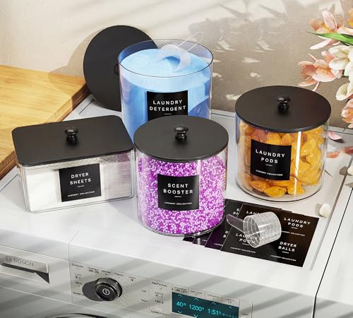galasily 4 Pack Laundry Pods Container, Clear Laundry Room Organization Containers,Large Acrylic Detergent Powder Storage Containers Black Wooden Lids & Labels, Dryer Sheet Holder - size: 4pack