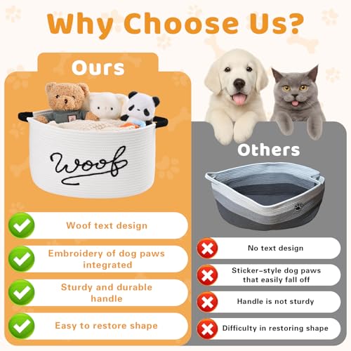 Woof Dog Toy Basket, Large Dog Toy Storage Bin with Durable Handles, Woven Dog Basket for Blankets, Toys, Chews, Pet Toy Storage Box for Nursery, Living Room, Bedroom, 17”x12”x9, White - color: White