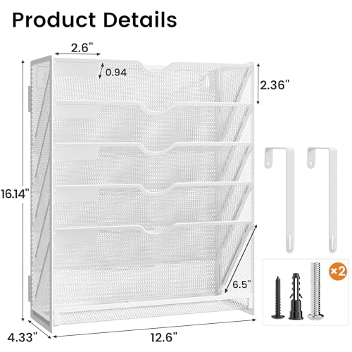 Hanging Wall File Organizer 6-Tier Wall Mount Mail Organizer & Desk Paper Organizer, Sleek White Metal File Folder Holder for Office, Cubicle, Bedroom | All-in-One Document Storage Shelf - color: White-1pack