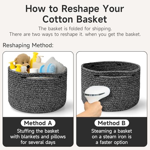 Small Rope Baskets for Storage, Baskets for Gifts Empty, Cute Round Woven Basket, Decorative Shelf Baskets 9.82×9.82×7.1", Cotton Toy Basket Storage Bins for Organizer 3 Packs Black - color: Mixed Black-3PCS