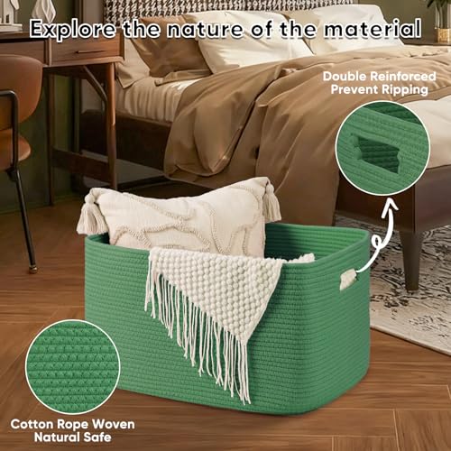 OIAHOMY 75L Large Blanket Basket, Woven Cotton Rope Baskets for Organizing 22”x17”x12”, Blanket Basket living Room, Toy Storage Bins for Nursery, Green - color: Green, size: 22”x17”x12”