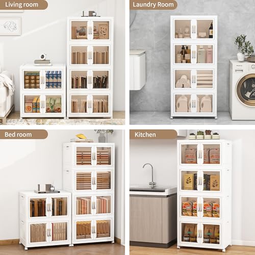 UAMFURI Stackable Storage Bins with Lids, Clear Doors, Large Storage Cabinet Foldable Collapsible Closet Organizers for Bedroom Dorm Office (4, White, 120, Quarts)