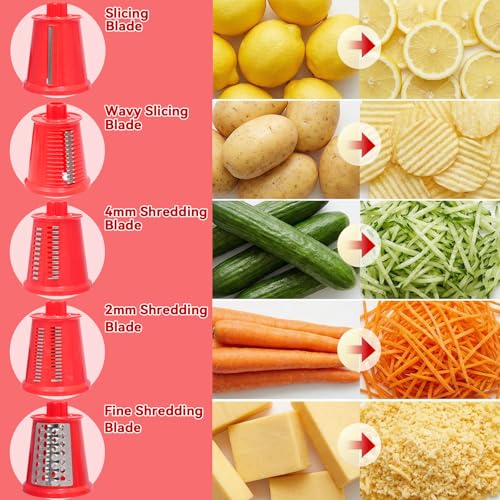 Upgrade Rotary Cheese Grater Shredder with Handle, Strong Suction Base, Multi-purpose Rotary Grater Slicer with 5 Interchangeable Blades for Ice, Vegetables, Fruit, Nuts with Blade Storage Box - color: Red