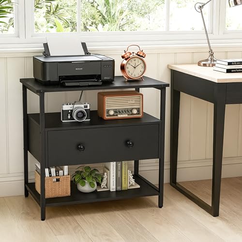 Edbuosy 27 Inch Wide Night Stand with Charging Station, Wood Nightstand with Open Shelf, Large Drawer Bedside Table for Living Room/Bedroom/Office (Black) - color: Black, size: 1 Drawer