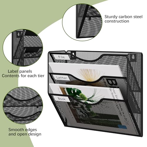 EasyPAG 3 Pocket Mesh Wall File Organizer, Hanging Paper Folder Holder with Classify Label, Vertical Wall Mount Mail Organizer for Office Home Classroom, Black - color: Black, size: 3 Tier