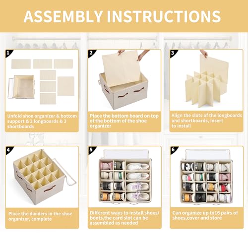 Shoe Organizer for Closet, Foldable Large Shoe Storage Box with Clear Cover, Removable Partitions and Bottom are Supported by Plastic Boards (Beige, 20.5“Lx16.9 Wx13'H) - color: Beige