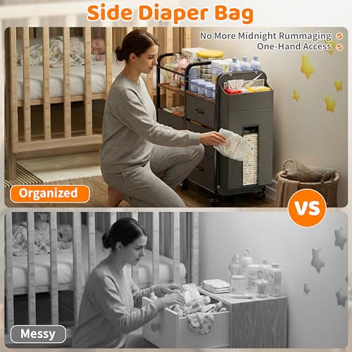 Baby Diaper Caddy Organizer Cart - Bedside Cart with Drawers & Side Storage, Nursery Essentials Stuff & Clothes Organization, 3 Tier Rolling Carts with Wheels for Nursery, Bedroom, Easy to Assemble