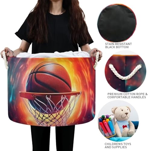 Basketball Print Round Storage Basket Abstract Fire Sports Ball Large Laundry Hamper 20 x 20 x 14 Inches Organizer Bin with Handles Clothes Storage Bag for Nursery Bedroom Living Room Decor - color: Orange