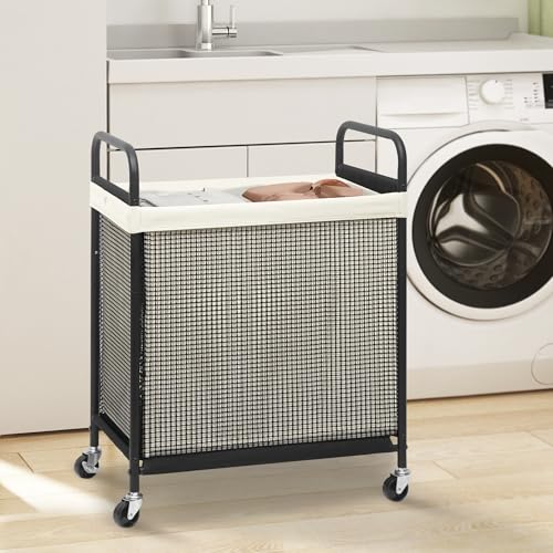 STORAGE MANIAC Rolling Laundry Hamper with Wheels 2-Section Laundry Sorter Rolling Laundrys Basket on Wheels with Removable Bag Clothes Hamper Laundrys Organizer Cart Bathroom Bedroom 100L Beige - color: Beige, size: 2-Section