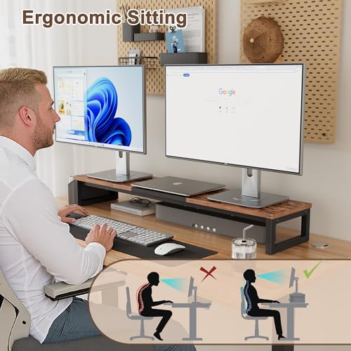 LAND·VOI Dual Monitor Stand Riser,41.5'' Long Monitor Stand for 2 Monitors, Wood Computer Riser with Pocket, Desktop Oraganizer with Pen Holder, Monitor Riser for Desk Computer,Laptop,TV, Rustic Brown - color: Rustic Brown, size: Single-Type