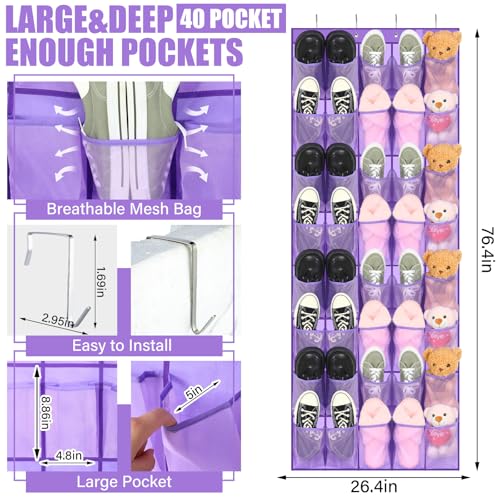 Windyun 40 Large over the Door Hanging Shoe Organizer Purple Mesh Pockets Shoe Rack for Closet Behind Door Hanger Storage Holder Nonslip for Cruise Essentials, Dorm Room Storage, Utility Room - color: Purple