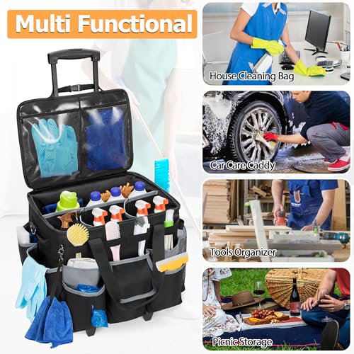 HODRANT Large Rolling Cleaning Caddy with Detachable Trolley & Lid, Cleaning Cart on Wheels with Shoulder Strap & Handles, Cleaning Supplies Organizer with Multi Pockets for Cleaning Tools Storage