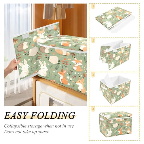 Woodland Animal Storage Box with Lid and Handles Large Collapsible Fabric Storage Basket Closet Organizer Bin Woodland Animal Basket for Nursery Bedroom Office