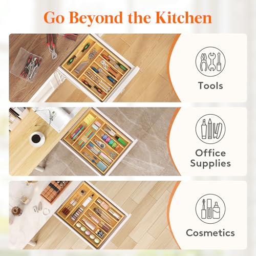 Lifewit Silverware Drawer Organizer, Utensil Tray for Kitchen, Flatware and Cutlery Holder, Storage for Spoons Forks Knives, 33 x 42cm, Natural - size: 12.9''W x 16.5''D