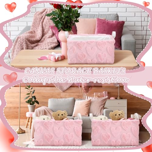 Kathfly Pink Heart Storage Baskets Valentine's Day Plush Faux Fur Jacquard Design Laundry Basket with Handles Waterproof Storage Bins Fabric Shelf Baskets for Organizing - style: Pink Heart