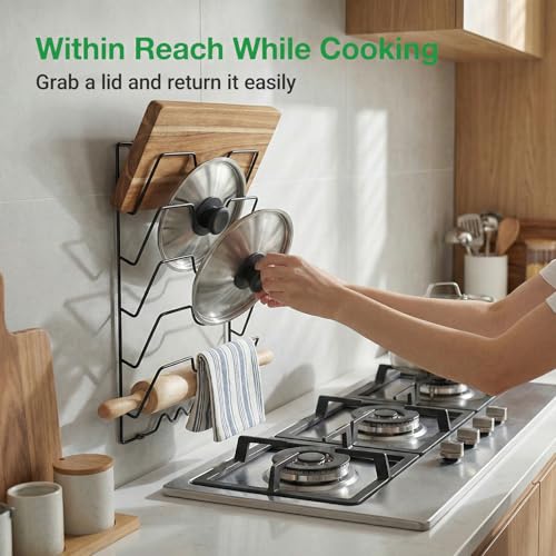 5-Tier Stainless Steel Pot Lid Organizer for Cabinet Door & Wall, Heavy-Duty Lid Storage Rack with 2 Installation Methods, Space-Saving Holder for Pots, Pans & Woks,Fits Small Kitchens