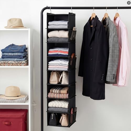 YOUDENOVA Upgraded Extra Wide Hanging Shoe Organizer for Closet, 8-Shelf Storage Organizer with 8 Side Pockets, Hanging Shoe Rack for Hats Clothes Jeans, Black - color: Black, size: 1 Pack