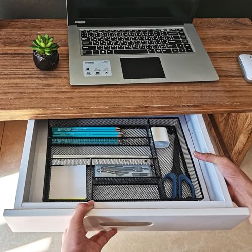 Metal Mesh Desk Drawer Organizer Tray, 6-Compartment Office Drawer Organizer for Pens Supplies, 12.6"x8.27"x1.57" Black - color: 1pc packed black