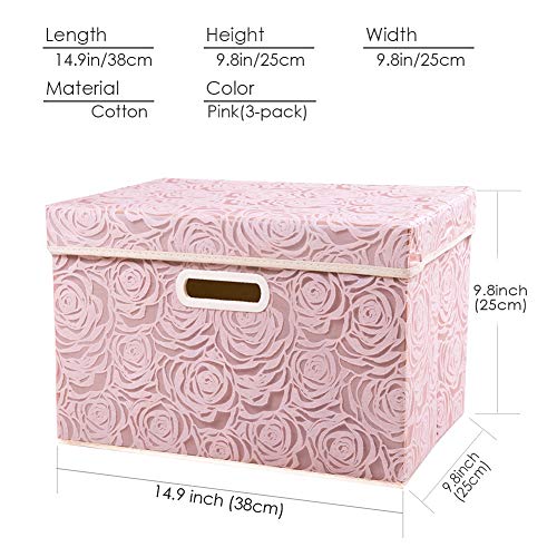 PRANDOM Collapsible Storage Boxes with Lids Fabric Decorative Storage Bins Cubes Organizer Containers Baskets with Cover Handles Divider for Bedroom Closet Living Room 14.9x9.8x9.8 Inch 3 Pack - color: Pink, size: Medium(3-Pack)