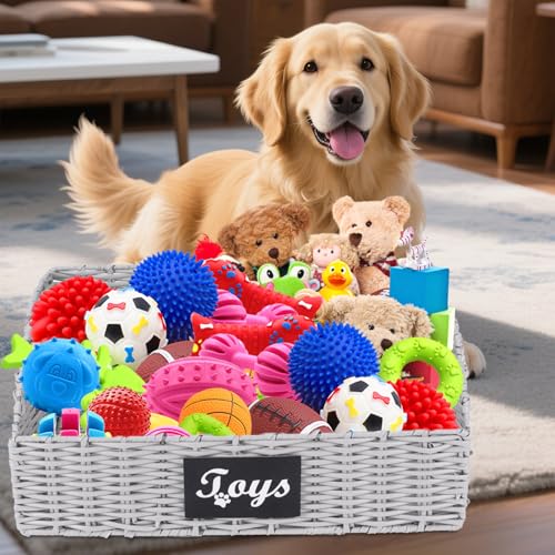 Dog Toy Basket Large Durable Metal Woven Foldable Storage Bin, Living Room Bedroom Entryway Toy Storage Organizer Rustic Trapezoid Pet Basket for Dogs Puppies and Home Floor Corners - color: Grey Solid Imitation Vine