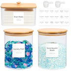 Glass Laundry Pods Container & Acrylic Dryer Sheet Holder with Bamboo Lids, Scoops & Labels | Premium Laundry Room Organization and Storage for Detergent Pods, Powder, Dryer Balls & Beads - color: Bamboo Cap
