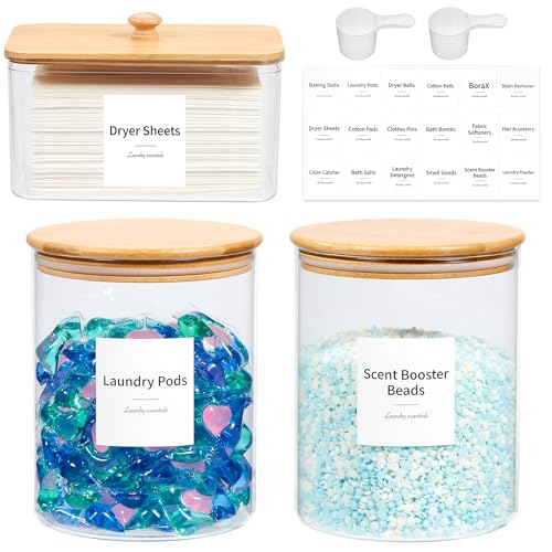 Glass Laundry Pods Container & Acrylic Dryer Sheet Holder with Bamboo Lids, Scoops & Labels | Premium Laundry Room Organization and Storage for Detergent Pods, Powder, Dryer Balls & Beads - color: Bamboo Cap