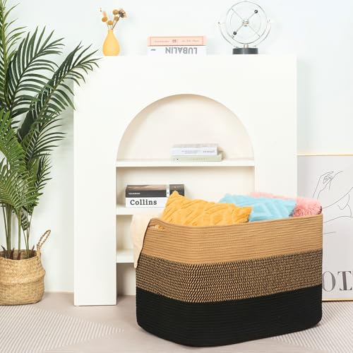MINTWOOD Design 112L Extra Large Blanket Basket Holder Living Room, 25"x17"x16" Rectangle Rope Woven Storage Basket with Handles for Laundry, Pool Towels, Shoes, Dog Toy Organizer Bin Box, Black Jute - color: Black Jute