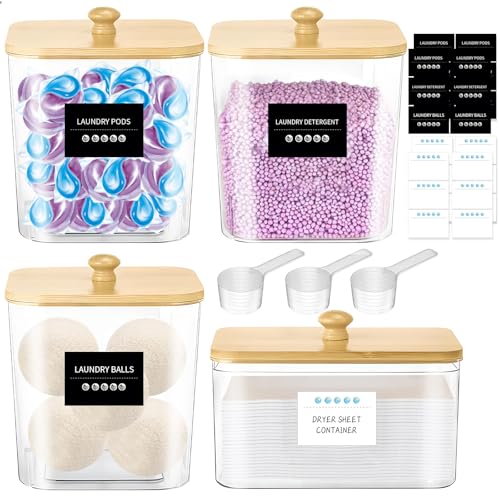 4-Pack Laundry Pods Container, Laundry Room Organization Containers,Large Laundry Detergent Powder Storage Containers with Wooden Lids & Labels,Clear Laundry Pod Holder for Scent Booster/Powder/Pods
