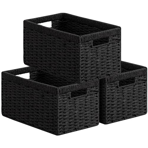 UBBCARE 3 Pack Wicker Basket, 13.4L×8.3H×7.1W inch Woven Paper Rope Storage Baskets for shelves, Foldable Rectangular Storage Baskets with Handle, Storage Basket for Organizing, Black - color: Black, size: 3pack Medium