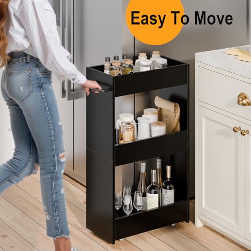 MARTY Wood Rolling Storage Cart 7.9" W, 3 Tier Slim Utility Kitchen Cart on Wheels Laundry Room Bathroom Organizers Narrow Shelves with Handle Mobile Shelving Unit for Small Places, Black - color: Black