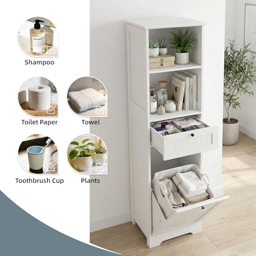Casaphoria 55 Inch Tall Laundry Sorter Cabinet, Narrow Bathroom Storage Cabinet with Tilt-Out Hamper and Drawer, Freestanding Space-Saving Organizer for Laundry Room, White - size: 15.74"L×13.77"W×55"H