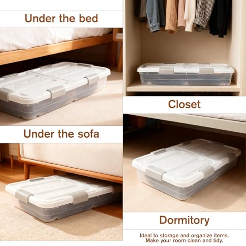 4 PCS*49 Qt Wheeled Latching Under Bed Storage, Double Opening Lids Stackable Bin with Latch Lid, Plastic Container to Organize Shoes Underbed, Clear with White Lid(White) - size: 37Quart*4PC