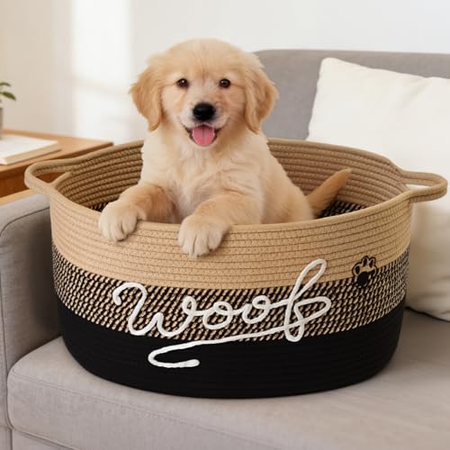 Woof Dog Toy Basket with Handles, Large Dog Toy Storage Bin with Paw Print, Woven Dog Basket for Blankets, Toys, Chews, Pet Toy Box for Nursery, Living Room, Bedroom, 17”x12”x9, Black - color: Black