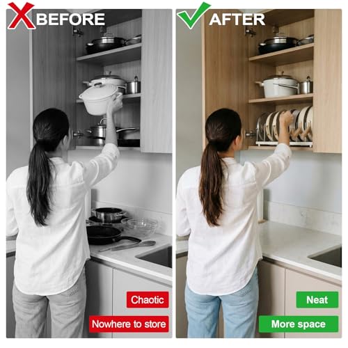 Foldable Pots and Pans Organizer Under Cabinet, 8 Adjustable Stainless Steel Dividers,28.5" L x 9.1" W x 9.9" H Expanded, Folds Flat, Heavy Duty Kitchen Cabinet Organizer with Lid Holder