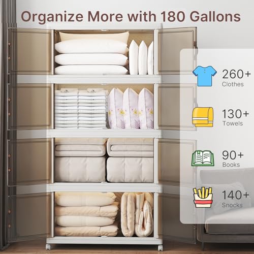 UAMFURI Stackable Storage Bins with Lids, 720QT Closet Organizers, Lockable Storage Cabinet，Foldable Storage Box with Doors and Wheels, Plastic Drawers for Home, Garage, Office (4, White, Extra Large) - color: White, size: Extra Large