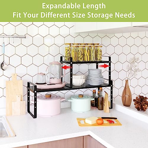 Across-Star Expandable Cabinet Shelf Organizer Rack, Stackable Kitchen Counter Storage Shelves Stand, Adjustable Height Pantry Shelf Spice Rack (Black, 1 Pack) - color: Black-1 Pack, size: 8.7''D*15.7-25.6''W*9.8''H