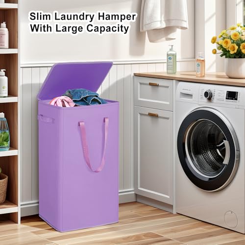 Odonata 75L Slim Laundry Hamper with Lid,Large Foldable Laundry Basket with Removable Bag and Handles Tall Collapsible Dirty Clothes Basket Great for Bedroom, Bathroom, Dorm, College,RV.(Purple, 75L) - color: Purple