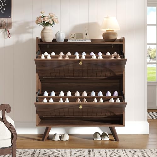 Decofy 37.6” Shoe Cabinet with 2 flip-Down Drawers, Three Adjustable Levels, Suitable for entryway, Hallway, and Living Room (Walnut) - size: 2 Flip-Down