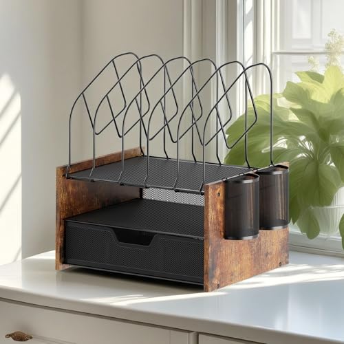 Wood Desk Organizer - 2-Tier Desktop File Organizer with Drawer with Vertical File Holder, Wooden Paper Tray, Office Desk Organzier and Accessories for Papers, Mail, Notebooks, Stationery - size: 2 Tier Drawer with Vertical File Holder