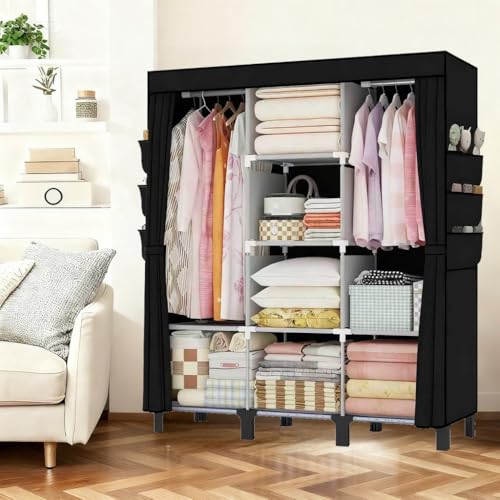 Portable Wardrobe, Clothes Organizer, Easy Hanger Wardrobe, Multiple Dividers and 3 Drawers, 6 Side Pockets Large Capacity (Black) - color: Black