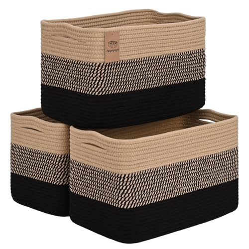 Baskets for Organizing,Storage Baskets,3 Pack Baskets for Shelfves,15"×10"×9" Woven Basket,toy storage bins,bins for organization - color: Black&Brown